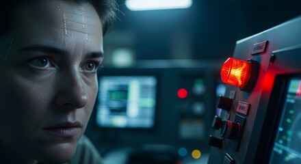 Focused woman operating machinery in a technological environment