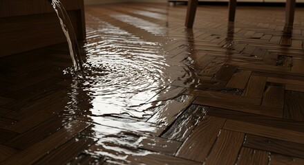 Flooded wooden floor with water reflecting light, indicating water damage.