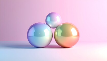 Three glossy, spherical objects in pastel hues are arranged against a soft, gradient backdrop