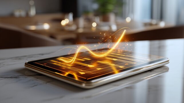 Elegant modern kitchen corner with holographic daily spending chart glowing above tablet, marble textures under soft morning light, warm balanced tones ideal for business and lifestyle visuals. - Powered by Adobe