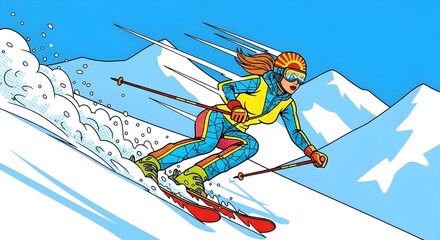Dynamic skier in vibrant gear, descending snowy slopes, captures the energetic essence of winter sports in pop art style.