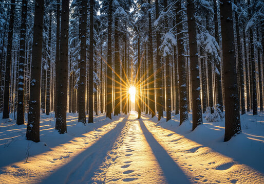 Sunburst shining through tall snow covered evergreen trees in a dense winter forest landscape isolate