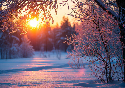 Winter sunrise scene with sun flare illuminating frosted tree branches above snowy field isolate
