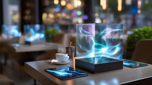 Futuristic urban café interior with glowing AI displays over tablets, soft ambient daylight, reflective coffee steam, shallow focus lens effect, modern tech atmosphere