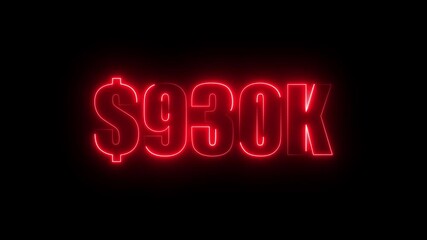 Red neon $930K number for finance and success themed animated.Perfect for financial video animation on backgrounds, digital currency, or futuristic money themes.