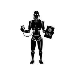 silhouette of a robot doctor vector with a stethoscope and a health record