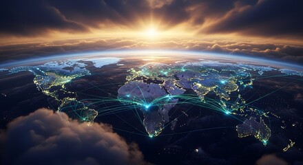 Global Network Connections and Sunrise over Earth