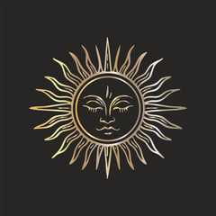 Fototapeta premium Mystical golden sun face in celestial tarot boho style