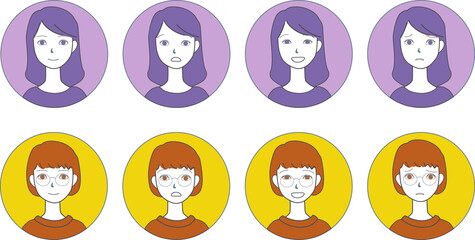 女性の表情イラストアイコンセット