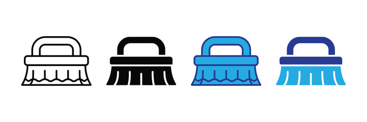 Set of four cleaning brush icons, line, solid, blue filled and blue outline variations, isolated on white background