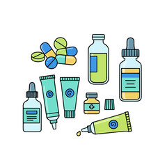 A flat design illustration of a medication set, including bottles, tubes, and capsules. Suitable for healthcare, pharmaceutical, and wellness related designs.	