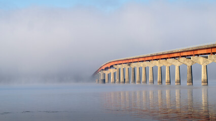 Natchez National Parkway - bridge over Tennessee River from Tennessee to Alabama, foggy November...