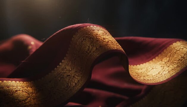 Maroon Silk Saree Border in Slow Motion Macro Shot with Gold Zari Weave Rippling