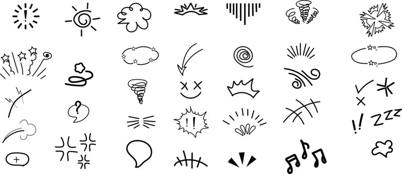 expression sign. comic doodle elements, cartoon speech bubble, manga expression symbols, question and exclamation mark, star sparkle, swirl and explosion. vector anime