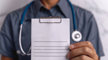 Healthcare professional holds empty clipboard ready for patient information in a clinical setting
