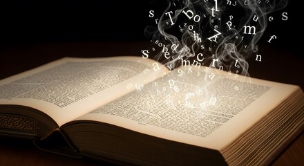 Mystical opened book with flying alphabet and illuminated light