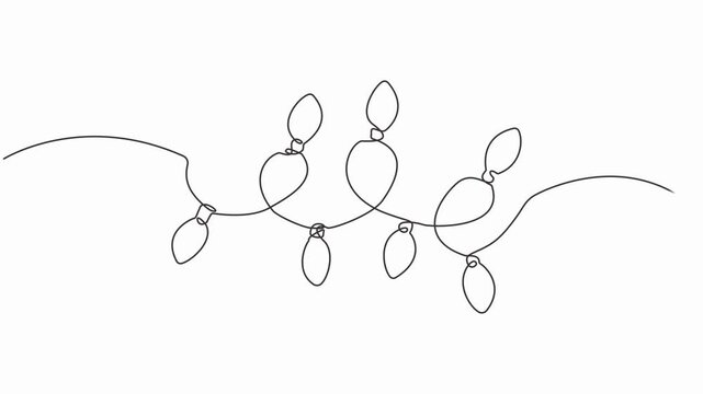 christmas lights continuous one line drawing animation, Video. Festoon, garland with bulbs drawing with one editable continuous line, Animation on white background 4K.
