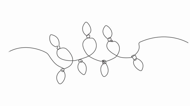 christmas lights continuous one line drawing animation, Video. Festoon, garland with bulbs drawing with one editable continuous line, Animation on white background 4K.