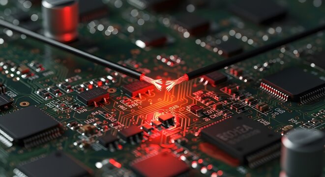 Close-up of a circuit board and electronic component with soldering iron