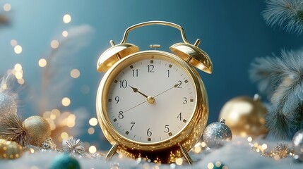 Vintage Golden Alarm Clock in Winter Holiday Atmosphere with Sparkling