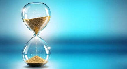 Golden sands of time in glass hourglass with blue background symbolizing patience and passage of time