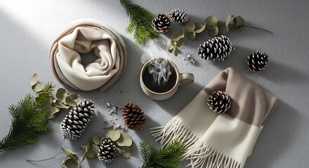 Cozy up with steaming coffee, soft scarves, pine cones, and winter greenery