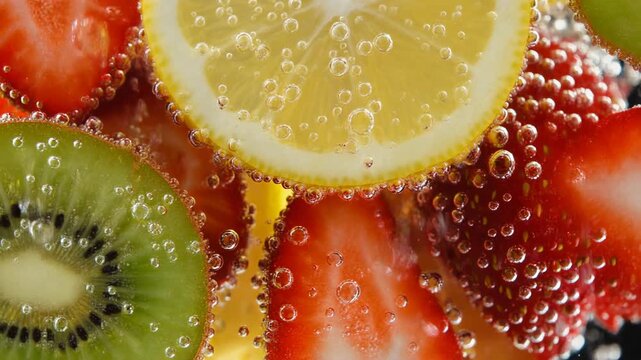 Vibrant close-up of fresh fruit slices, including lemon, strawberries, and kiwi, submerged in sparkling water with numerous effervescent bubbles.