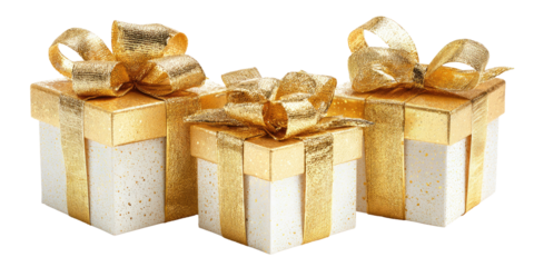 Three small, white gift boxes with gold ribbons and bows