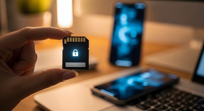 Cybersecurity and data protection concept with focus on secure digital cards for technology devices