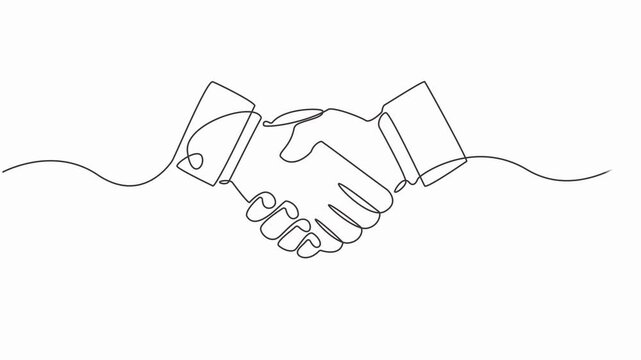 Handshaking of business partners drawn by one single line. 4K video animation with alpha channel, Continuous line drawing handshake animated video.