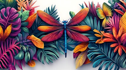 Vibrant Tropical Floral Backdrop with Colorful Dragonfly Silhouette
