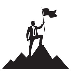 Silhouette of a businessman standing on a mountain peak holding a flag