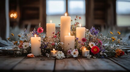 Cozy Candlelit Floral Table Arrangement in Rustic Winter Atmosphere