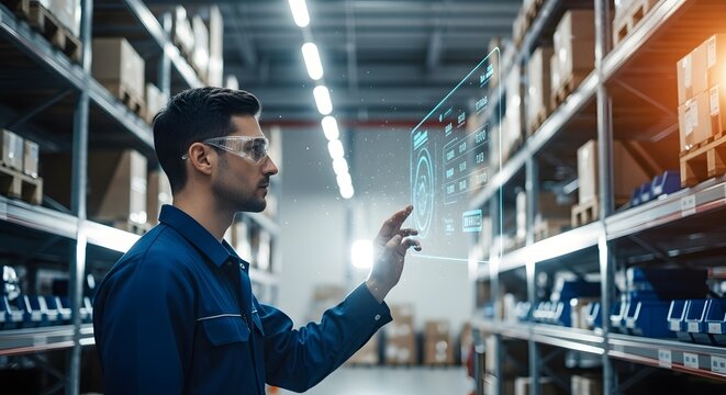 Warehouse worker interacting with digital inventory management system