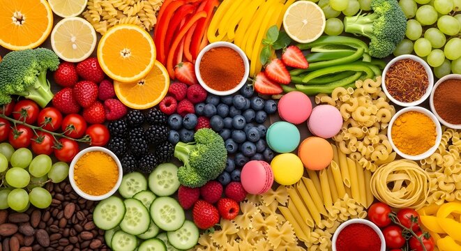 Vibrant assortment of fresh fruits, vegetables, and pasta for healthy eating inspiration