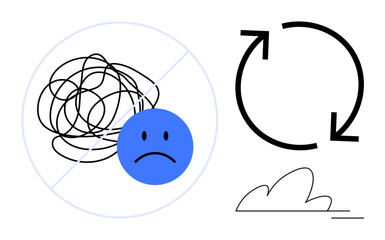Blue sad face with tangled lines crossed out, cycle arrows signify progress, minimalistic cloud lines. Ideal for mental clarity, problem-solving, self-help, mindset shift, renewal, motivation calm