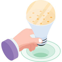Hand Holding A Light Bulb With Yellow Light Rays On A White Background With Green Circular Platform And Pixel Art Style