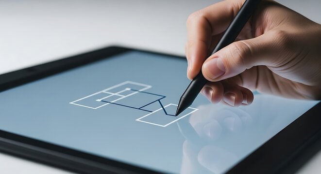 Business hand with pen writing data on a tablet at the office desk, planning finance and accounting work