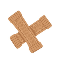 Stylish knitted leg warmers on a white background with space for text