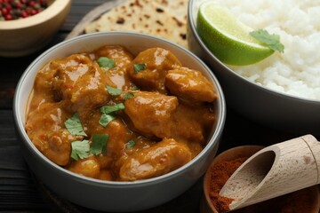 Delicious chicken tikka masala, rice, cilantro, lime, lavash and spices on wooden table, closeup