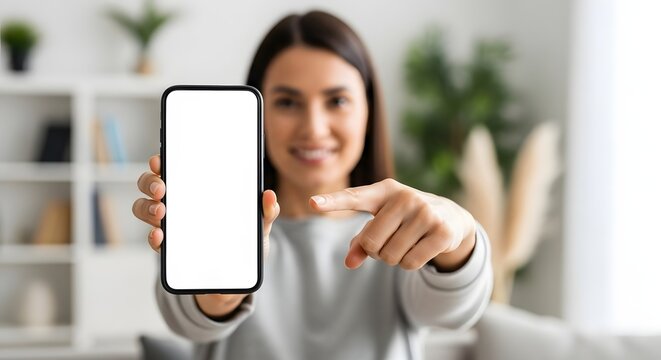 Enthusiastic woman displaying smartphone with blank screen for app promotion in modern home setting