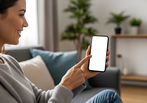 Woman using smartphone in modern living room setting for communication or social media concept