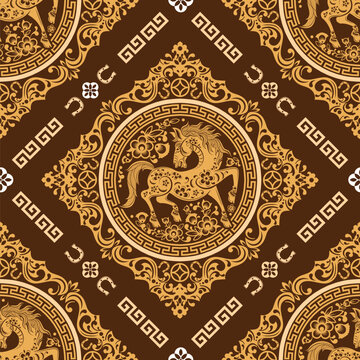 
Seamless pattern happy chinese new year 2026 the horse zodiac sign with asian elements paper cut style on color background. ( Translation : happy new year 2026 year of the horse )