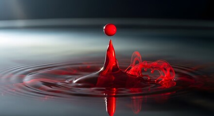 Blood drop impact, splash and ripple on surface 