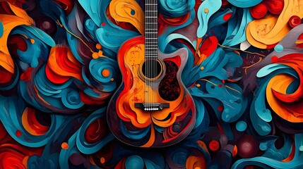 Vibrant Acoustic Guitar in Abstract Psychedelic Swirling Artwork