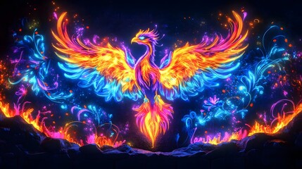 Majestic Mythical Phoenix Spreading Fiery Wings Across Vibrant Cosmic Backdrop