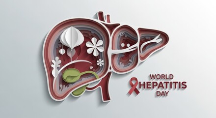 World hepatitis day awareness design featuring liver cutout and red awareness ribbon