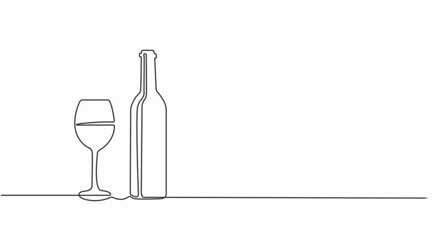 Self drawing line animation Bottle and glass of whiskey with ice in minimalism. ideo of drawing with line in 4k, One line art animation, Bottle of champagne sparkling wine and glass celebrating.