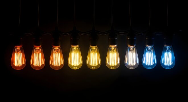 Vibrant display of colorful vintage edison bulbs in a dark setting perfect for interior design and creative projects - Powered by Adobe
