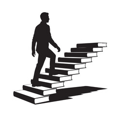 Silhouette of a man walking up a staircase made of books